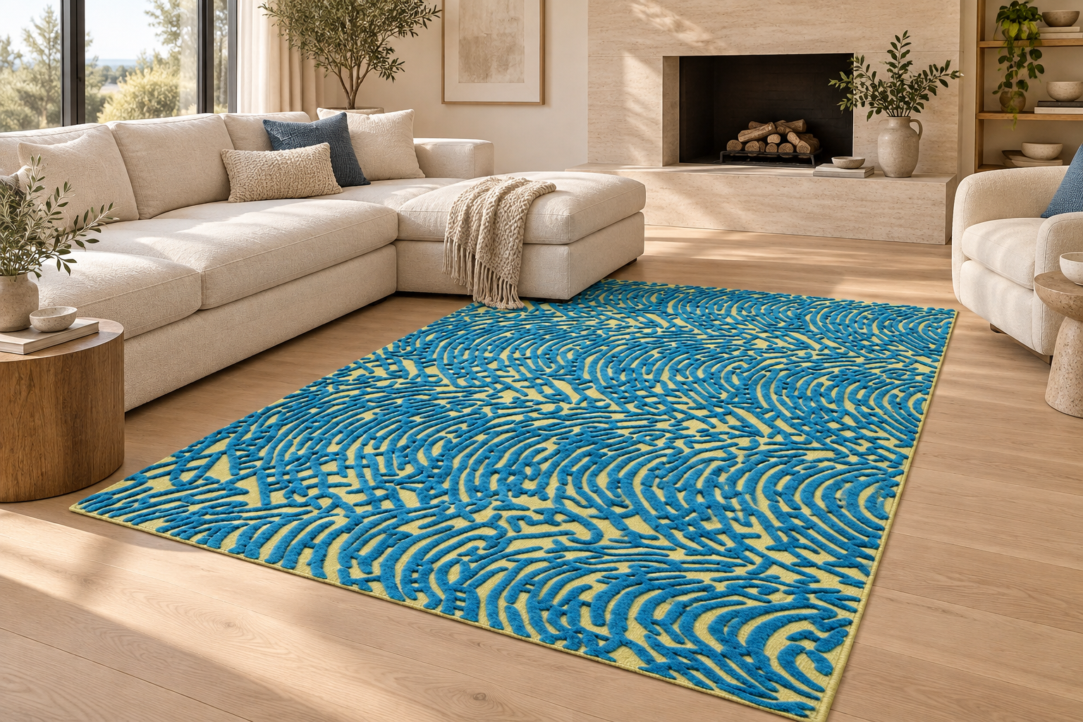 Blue Lime Ripple Hand-Loomed Wool Rug
