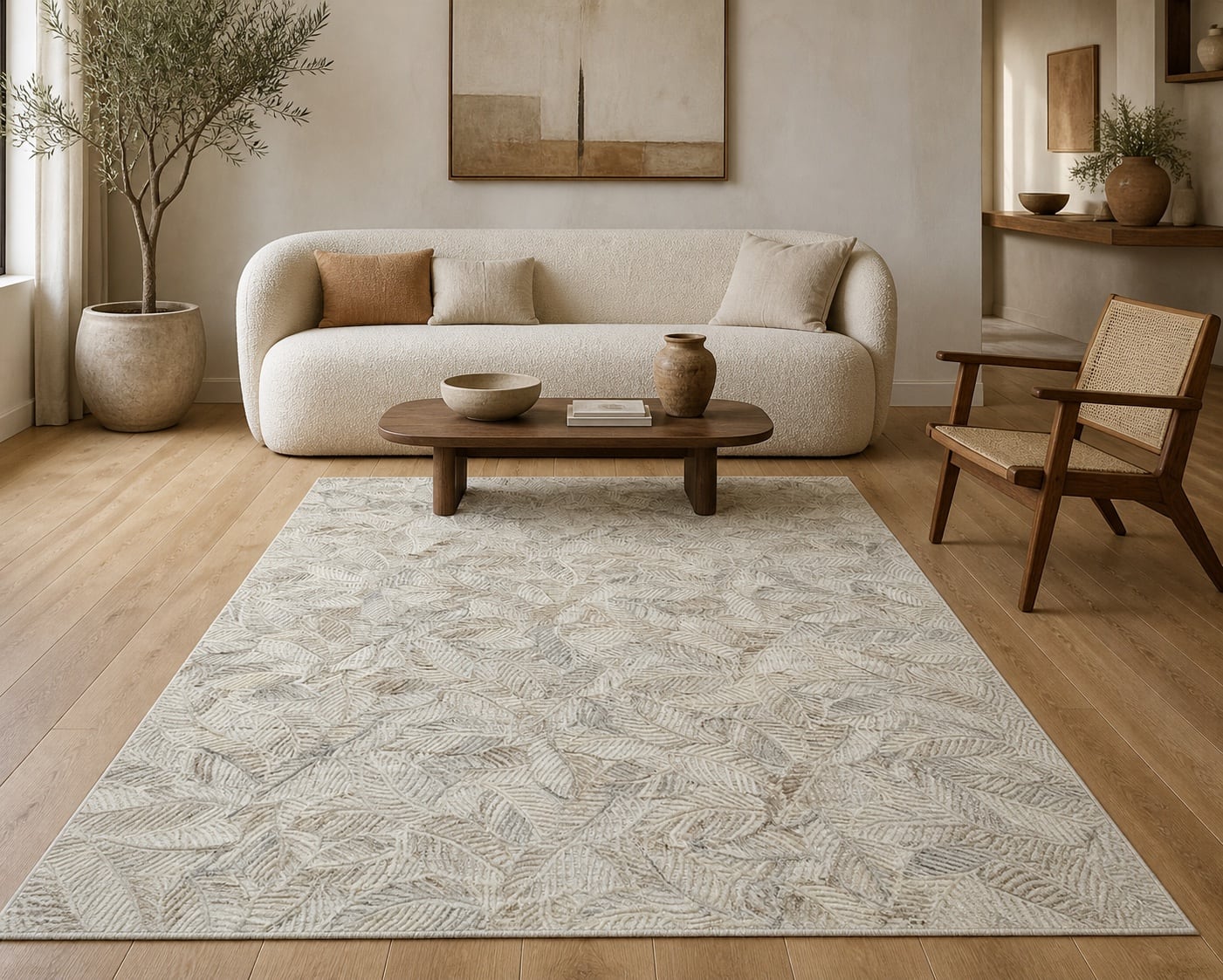 Natural Wool Rug with Hand-Carved Leaf Design