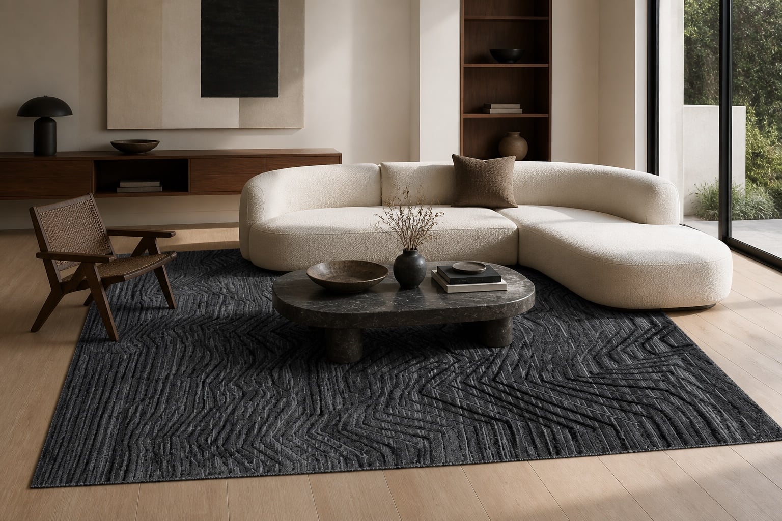 Black Abstract Hand-Knotted Wool Rug