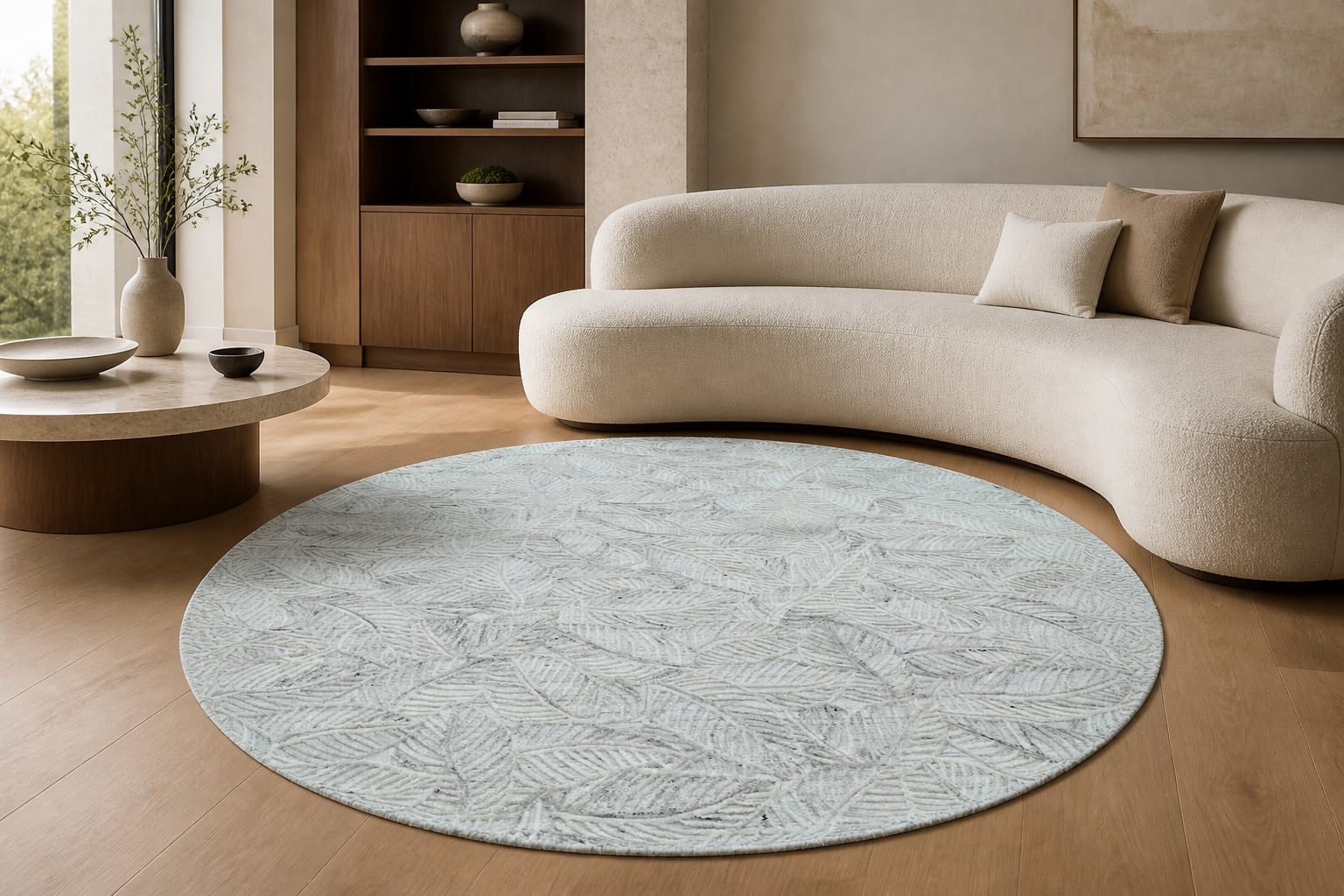 Ivory Round Leaf Hand-Knotted Wool Rug