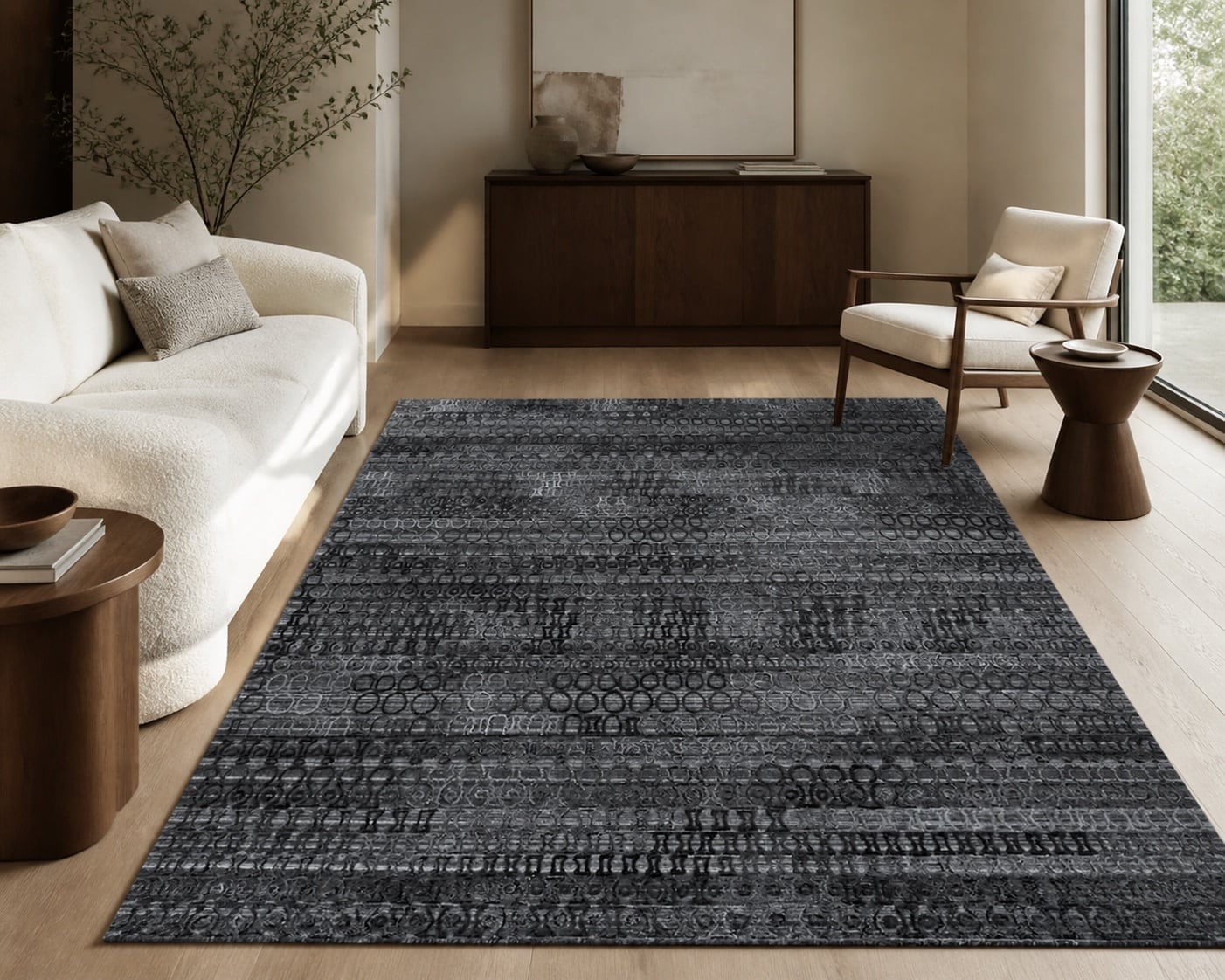 Charcoal Linear Abstract Hand-Knotted Rug