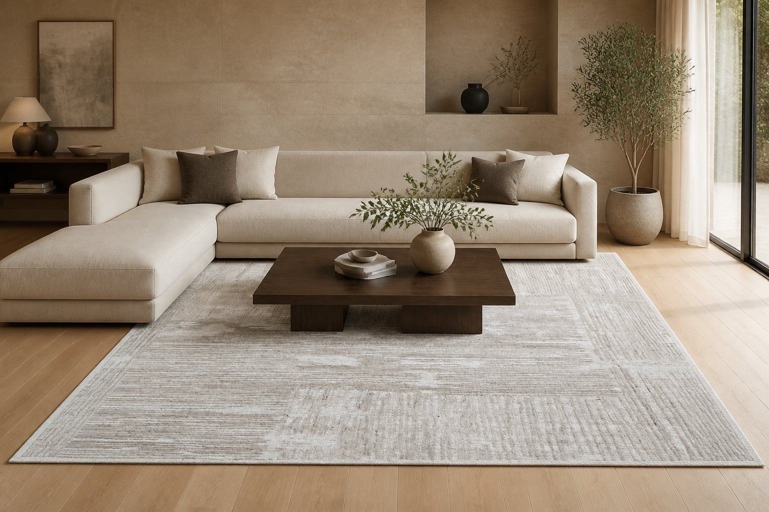 Beige Geometric Super-Fine Wool Rug