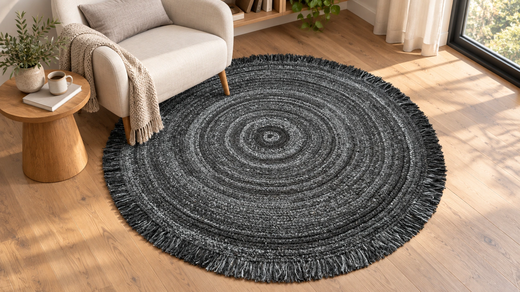 Qureshi Charcoal Spiral Natural Wool Braided Round Rug
