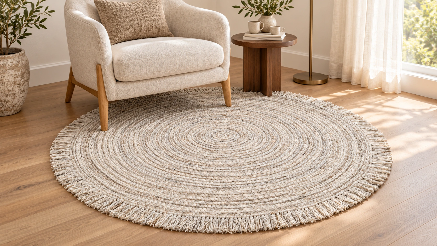 Qureshi Spiral Natural Wool Braided Round Rug